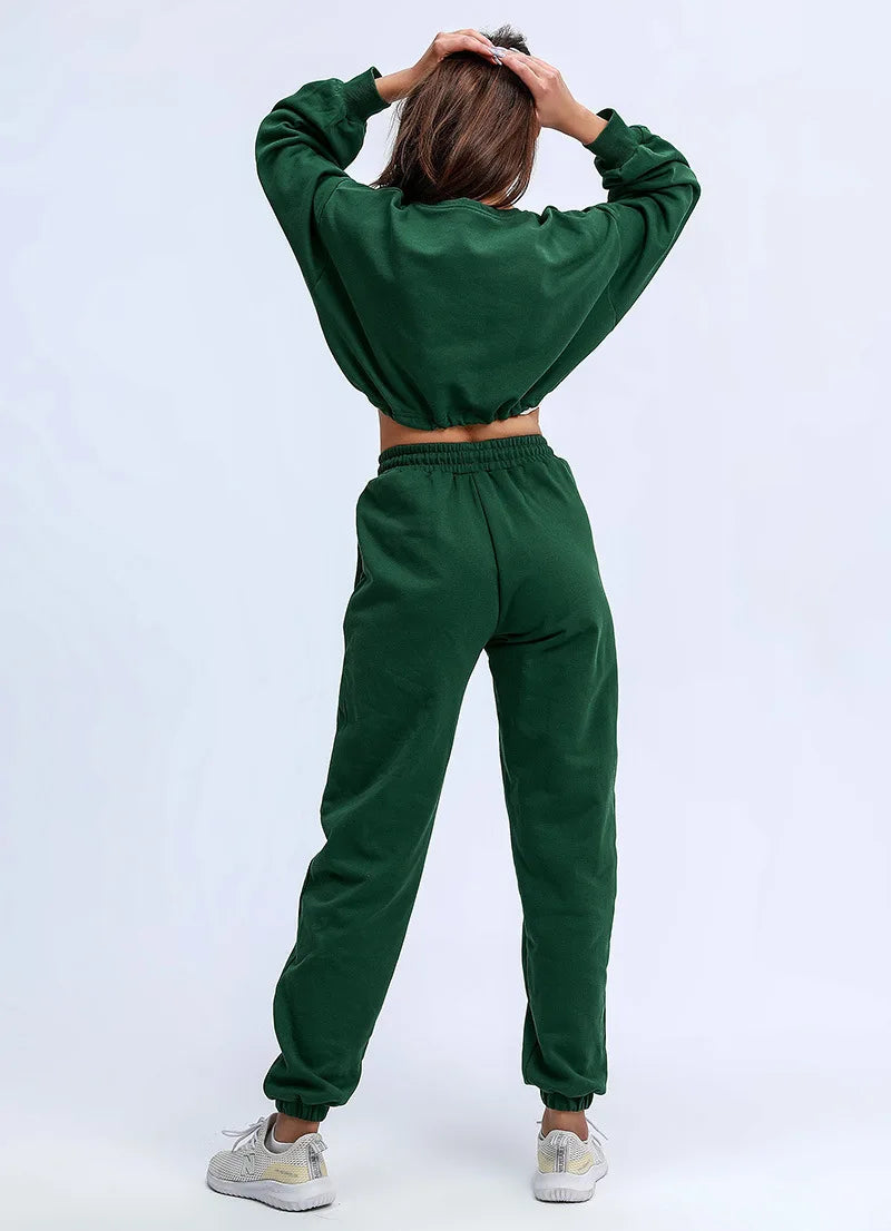 Autumn Winter Yoga Set Fitness Sport Sweatshirts Long Sleeve Crop Top Gyms Women Tracksuit Elastic Waist Trousers Sweatpants
