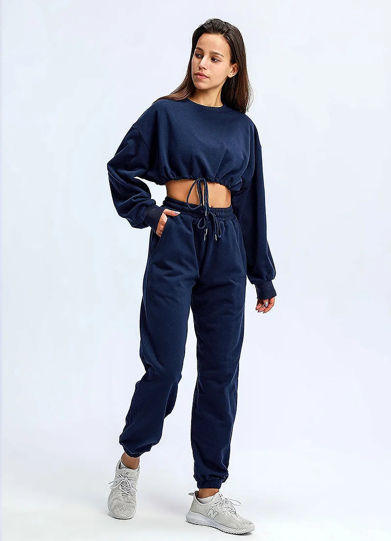 Autumn Winter Yoga Set Fitness Sport Sweatshirts Long Sleeve Crop Top Gyms Women Tracksuit Elastic Waist Trousers Sweatpants