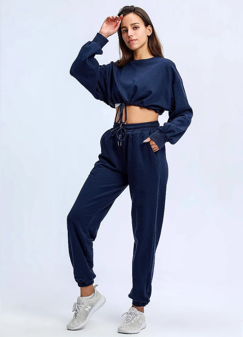 Autumn Winter Yoga Set Fitness Sport Sweatshirts Long Sleeve Crop Top Gyms Women Tracksuit Elastic Waist Trousers Sweatpants