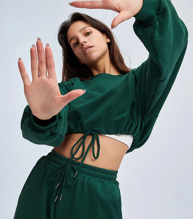 Autumn Winter Yoga Set Fitness Sport Sweatshirts Long Sleeve Crop Top Gyms Women Tracksuit Elastic Waist Trousers Sweatpants