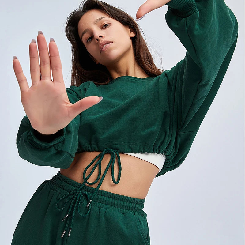 Autumn Winter Yoga Set Fitness Sport Sweatshirts Long Sleeve Crop Top Gyms Women Tracksuit Elastic Waist Trousers Sweatpants