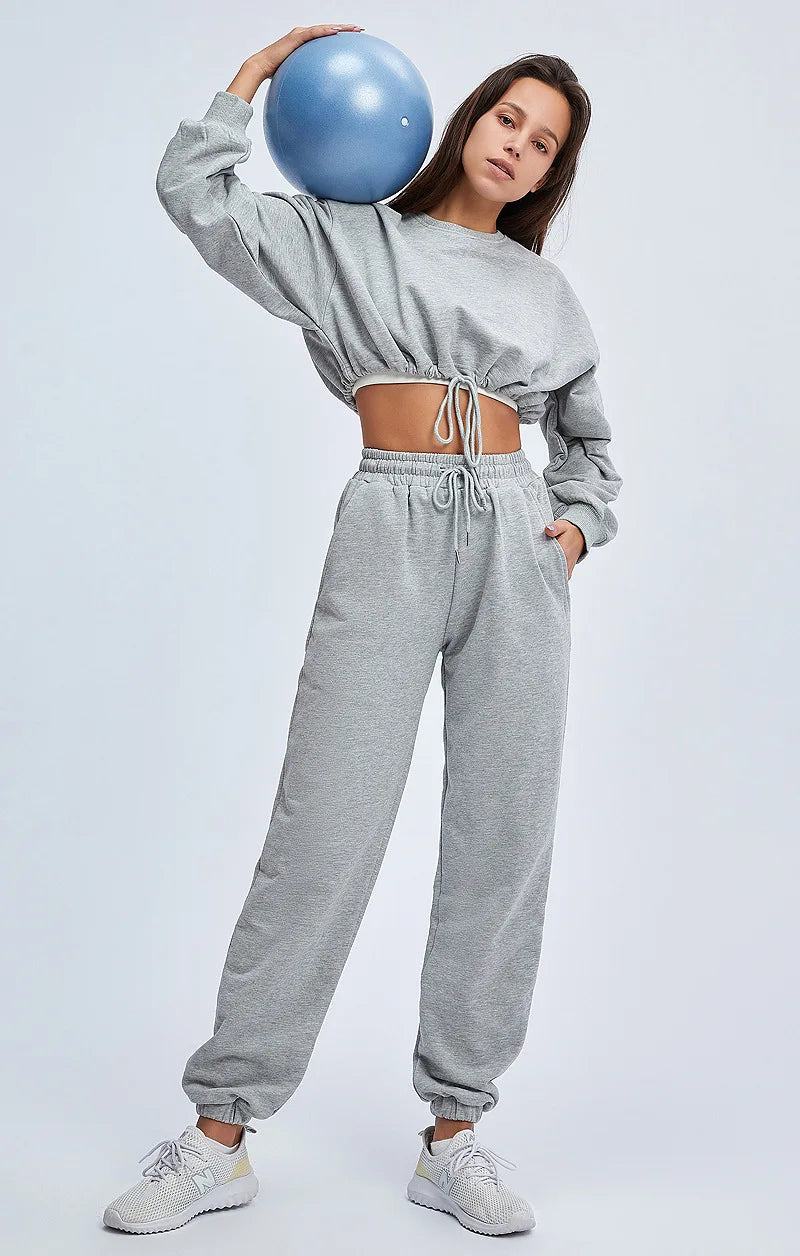 Autumn Winter Yoga Set Fitness Sport Sweatshirts Long Sleeve Crop Top Gyms Women Tracksuit Elastic Waist Trousers Sweatpants