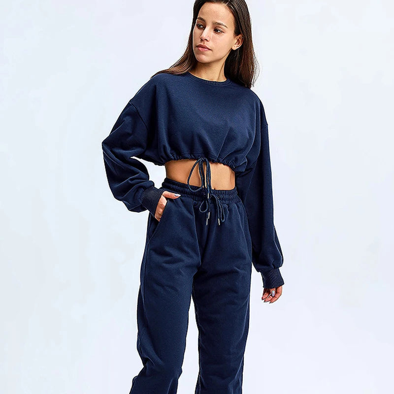 Autumn Winter Yoga Set Fitness Sport Sweatshirts Long Sleeve Crop Top Gyms Women Tracksuit Elastic Waist Trousers Sweatpants