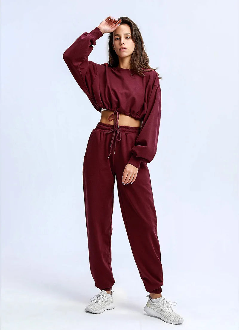 Autumn Winter Yoga Set Fitness Sport Sweatshirts Long Sleeve Crop Top Gyms Women Tracksuit Elastic Waist Trousers Sweatpants