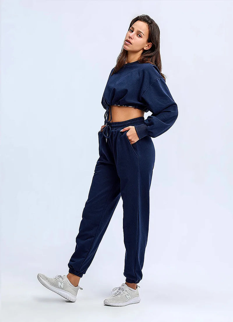 Autumn Winter Yoga Set Fitness Sport Sweatshirts Long Sleeve Crop Top Gyms Women Tracksuit Elastic Waist Trousers Sweatpants
