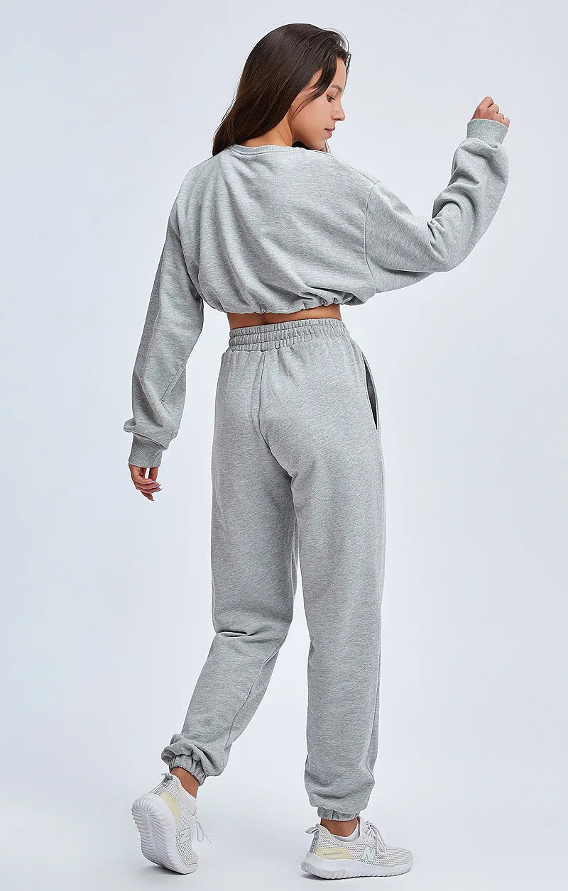 Autumn Winter Yoga Set Fitness Sport Sweatshirts Long Sleeve Crop Top Gyms Women Tracksuit Elastic Waist Trousers Sweatpants