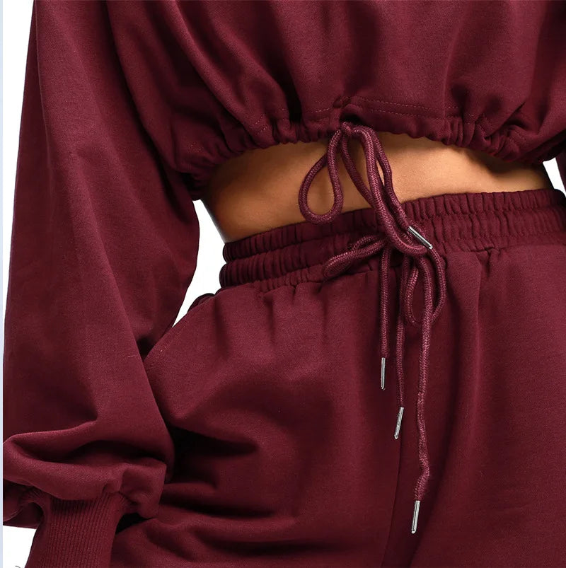 Autumn Winter Yoga Set Fitness Sport Sweatshirts Long Sleeve Crop Top Gyms Women Tracksuit Elastic Waist Trousers Sweatpants