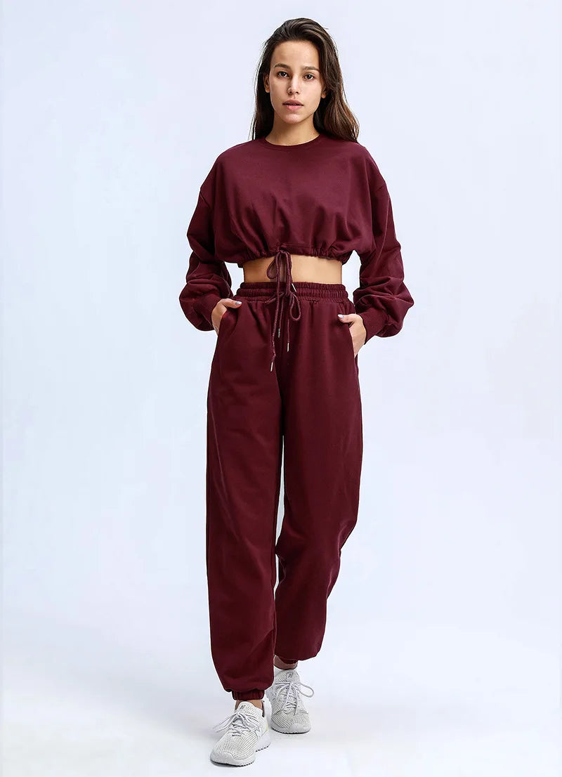 Autumn Winter Yoga Set Fitness Sport Sweatshirts Long Sleeve Crop Top Gyms Women Tracksuit Elastic Waist Trousers Sweatpants
