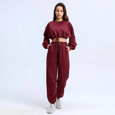Autumn Winter Yoga Set Fitness Sport Sweatshirts Long Sleeve Crop Top Gyms Women Tracksuit Elastic Waist Trousers Sweatpants