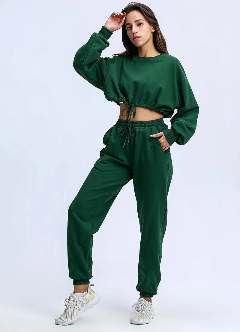Autumn Winter Yoga Set Fitness Sport Sweatshirts Long Sleeve Crop Top Gyms Women Tracksuit Elastic Waist Trousers Sweatpants
