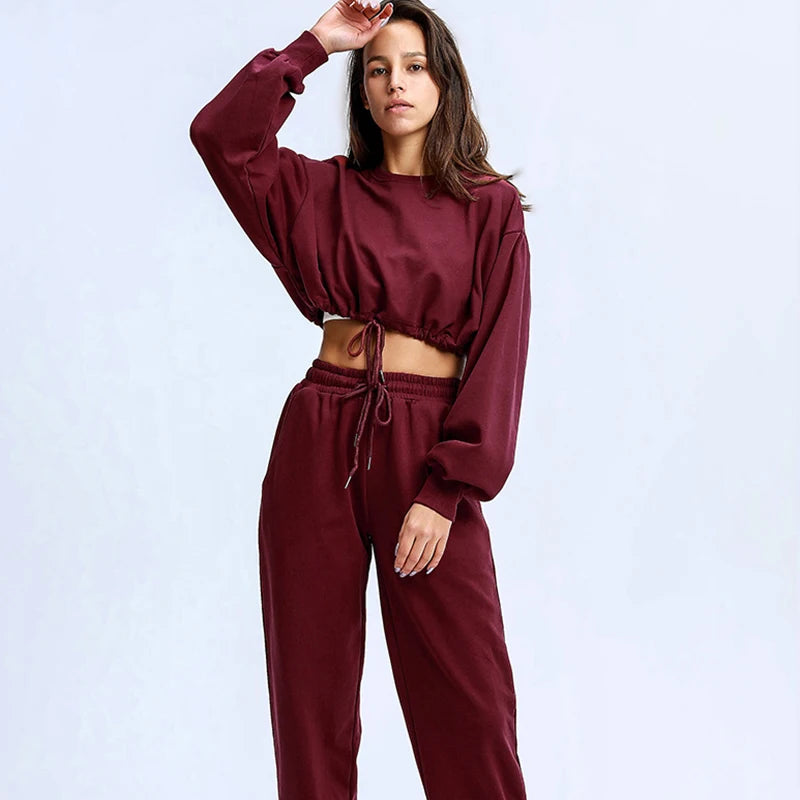 Autumn Winter Yoga Set Fitness Sport Sweatshirts Long Sleeve Crop Top Gyms Women Tracksuit Elastic Waist Trousers Sweatpants