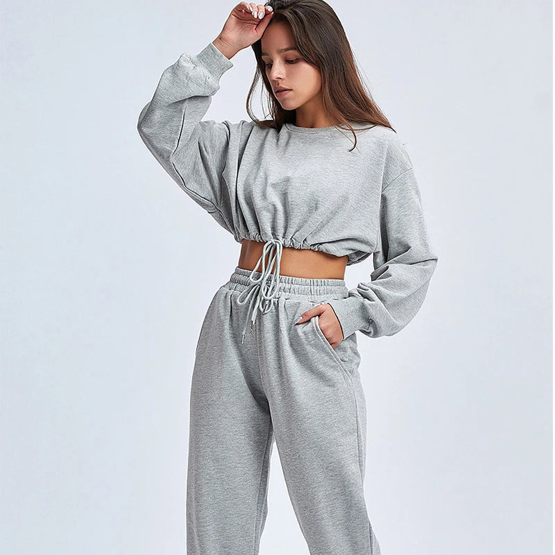 Autumn Winter Yoga Set Fitness Sport Sweatshirts Long Sleeve Crop Top Gyms Women Tracksuit Elastic Waist Trousers Sweatpants