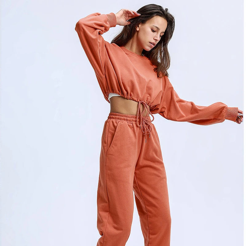 Autumn Winter Yoga Set Fitness Sport Sweatshirts Long Sleeve Crop Top Gyms Women Tracksuit Elastic Waist Trousers Sweatpants