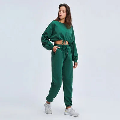 Autumn Winter Yoga Set Fitness Sport Sweatshirts Long Sleeve Crop Top Gyms Women Tracksuit Elastic Waist Trousers Sweatpants