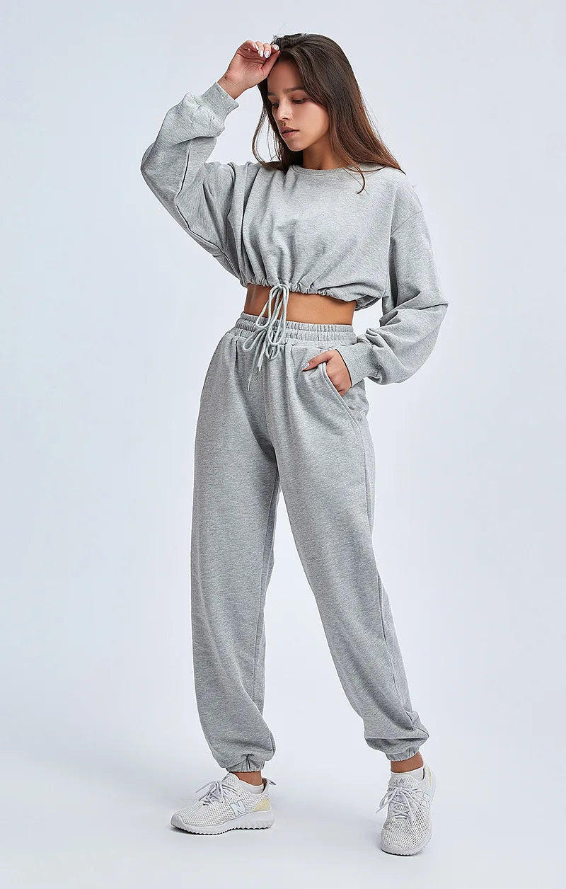 Autumn Winter Yoga Set Fitness Sport Sweatshirts Long Sleeve Crop Top Gyms Women Tracksuit Elastic Waist Trousers Sweatpants