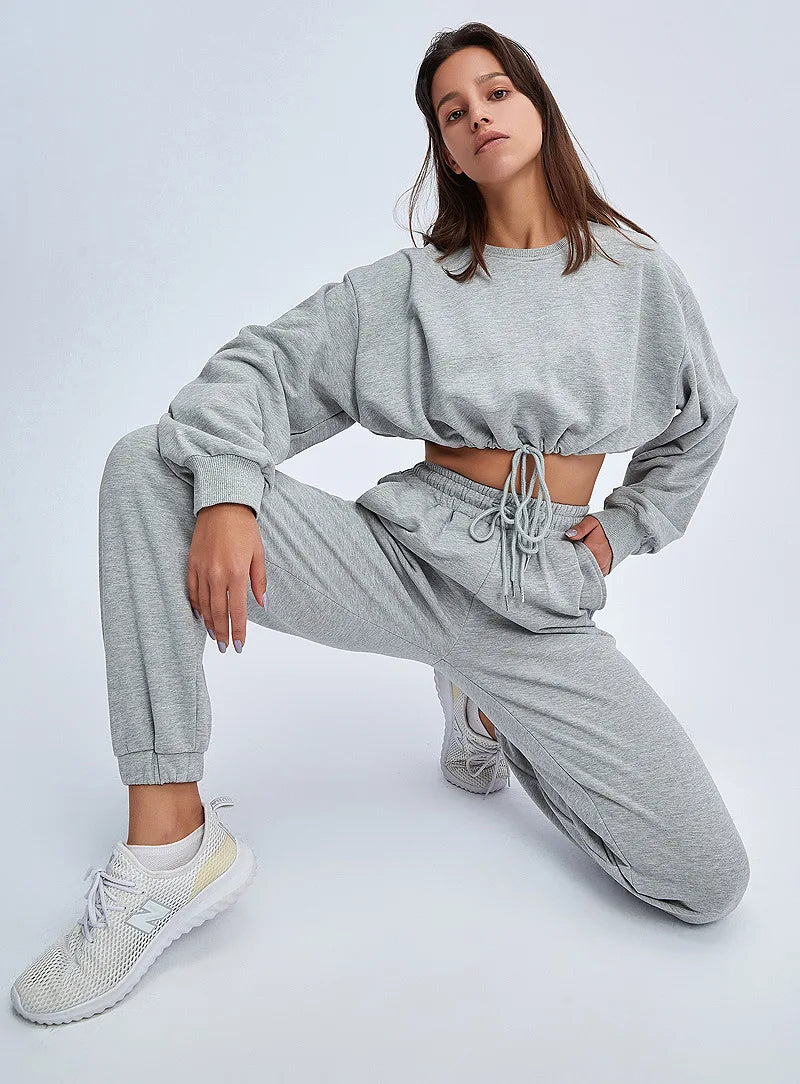Autumn Winter Yoga Set Fitness Sport Sweatshirts Long Sleeve Crop Top Gyms Women Tracksuit Elastic Waist Trousers Sweatpants