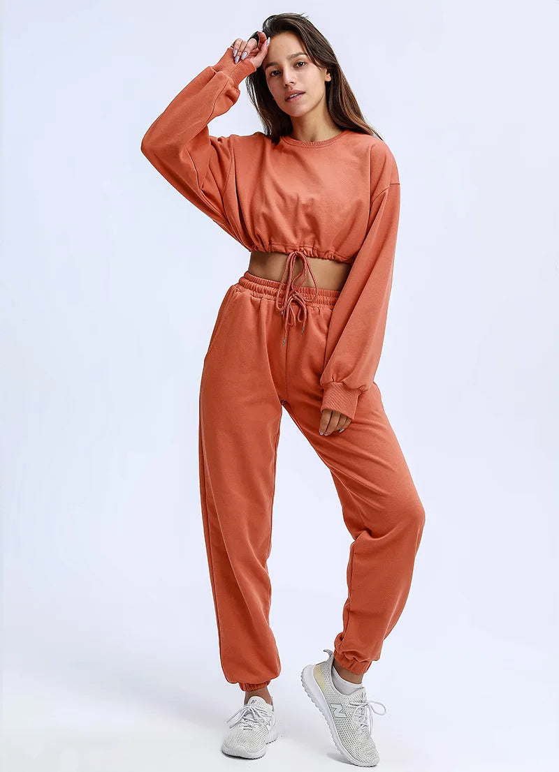 Autumn Winter Yoga Set Fitness Sport Sweatshirts Long Sleeve Crop Top Gyms Women Tracksuit Elastic Waist Trousers Sweatpants