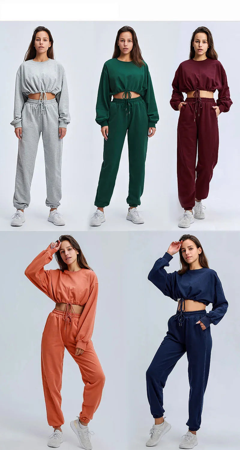 Autumn Winter Yoga Set Fitness Sport Sweatshirts Long Sleeve Crop Top Gyms Women Tracksuit Elastic Waist Trousers Sweatpants