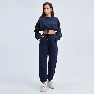 Autumn Winter Yoga Set Fitness Sport Sweatshirts Long Sleeve Crop Top Gyms Women Tracksuit Elastic Waist Trousers Sweatpants