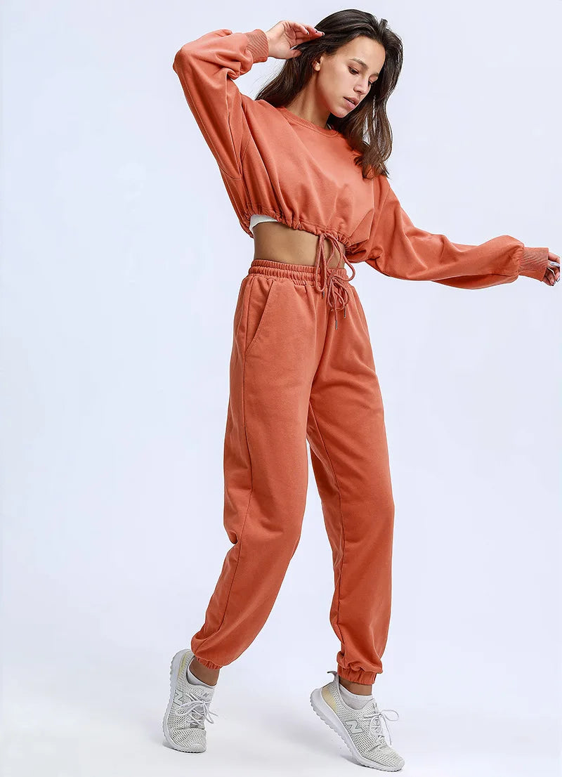 Autumn Winter Yoga Set Fitness Sport Sweatshirts Long Sleeve Crop Top Gyms Women Tracksuit Elastic Waist Trousers Sweatpants