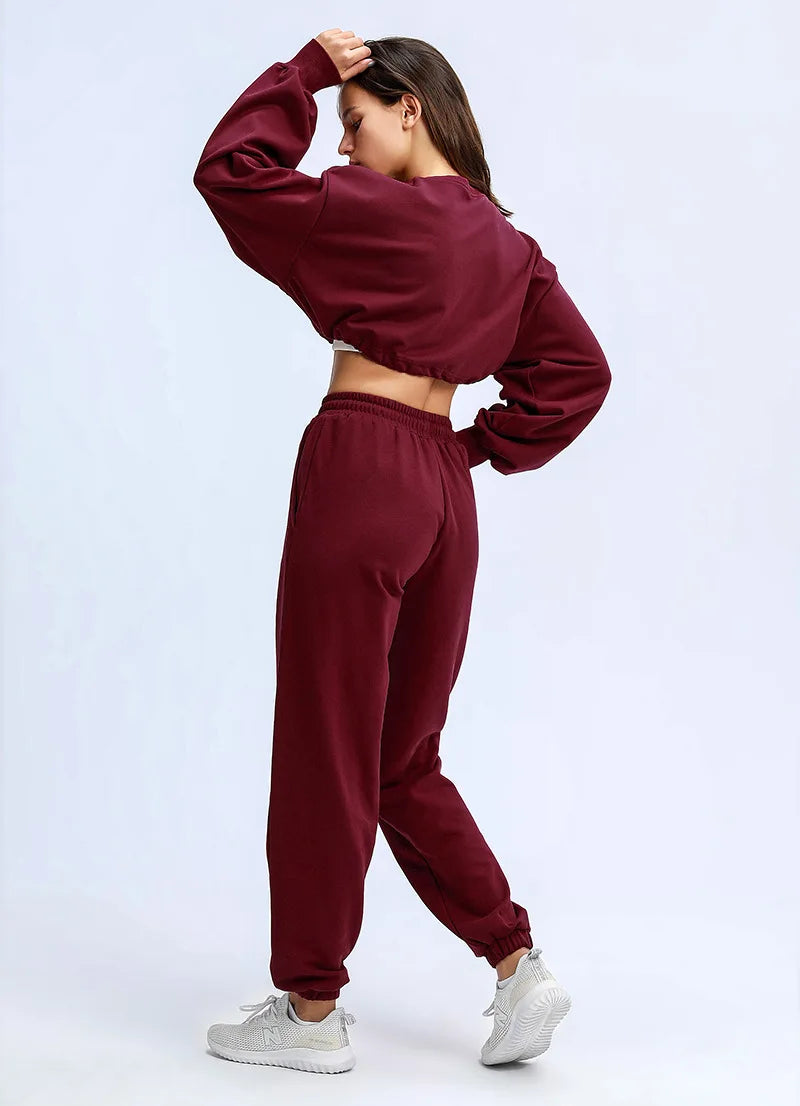 Autumn Winter Yoga Set Fitness Sport Sweatshirts Long Sleeve Crop Top Gyms Women Tracksuit Elastic Waist Trousers Sweatpants