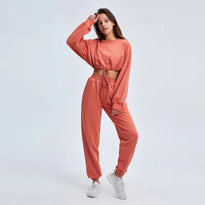 Autumn Winter Yoga Set Fitness Sport Sweatshirts Long Sleeve Crop Top Gyms Women Tracksuit Elastic Waist Trousers Sweatpants