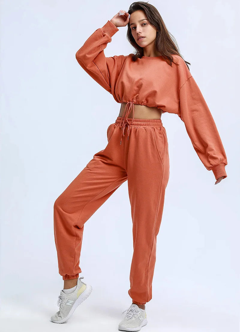 Autumn Winter Yoga Set Fitness Sport Sweatshirts Long Sleeve Crop Top Gyms Women Tracksuit Elastic Waist Trousers Sweatpants