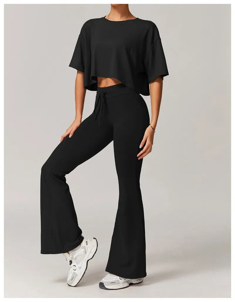 Seamless Yoga Sets Sports Fitness Casual Hip-lifting Flared Pants Bra Yoga Clothes Workout Gym Short-sleeved Tracksuit for Women