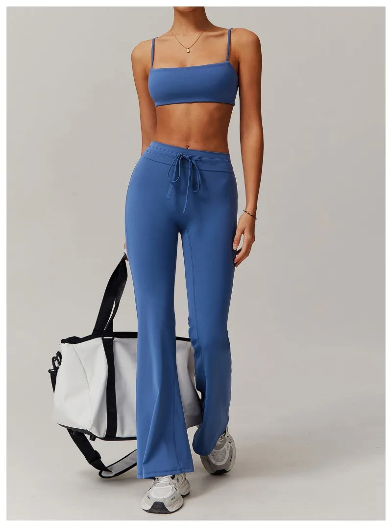 Seamless Yoga Sets Sports Fitness Casual Hip-lifting Flared Pants Bra Yoga Clothes Workout Gym Short-sleeved Tracksuit for Women