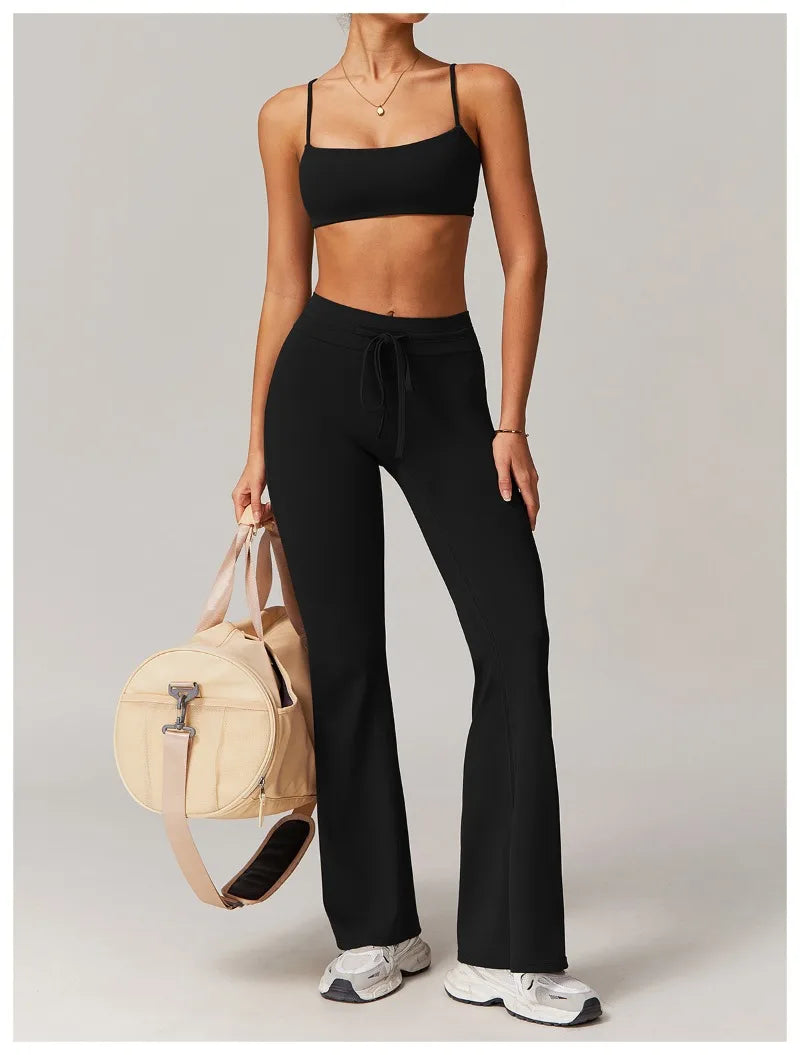 Seamless Yoga Sets Sports Fitness Casual Hip-lifting Flared Pants Bra Yoga Clothes Workout Gym Short-sleeved Tracksuit for Women