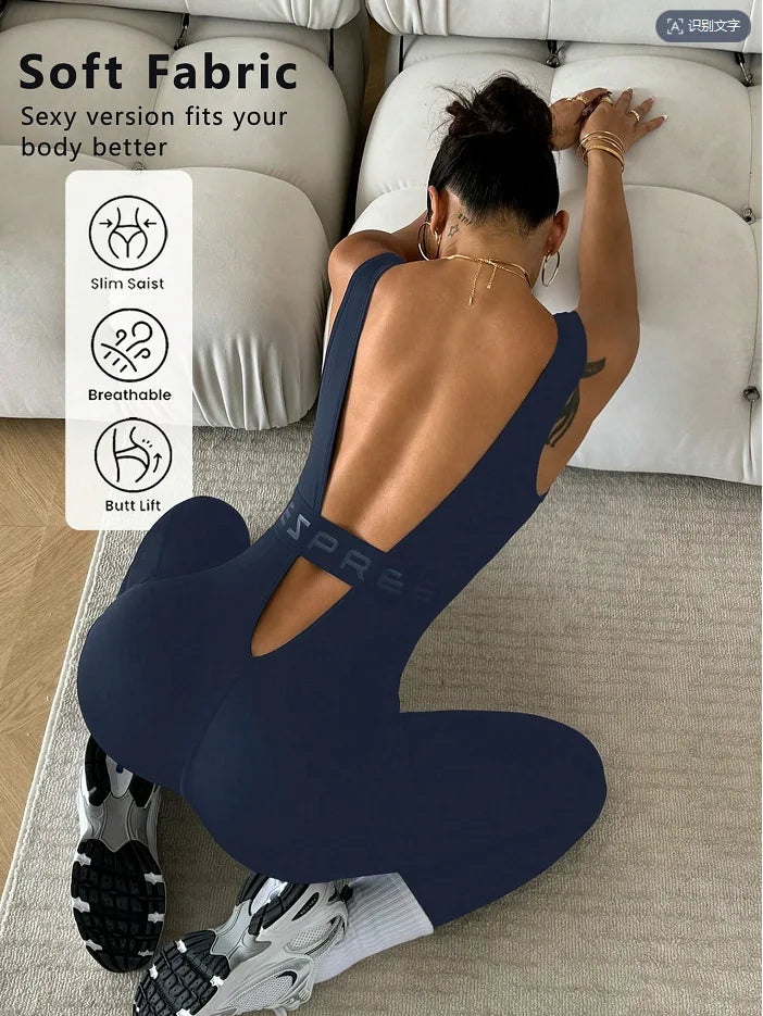 Yoga bodysuit, one-piece high-elastic fitness bodysuit, long pants, sleeveless, backless, seamless sportswear, running Pilates