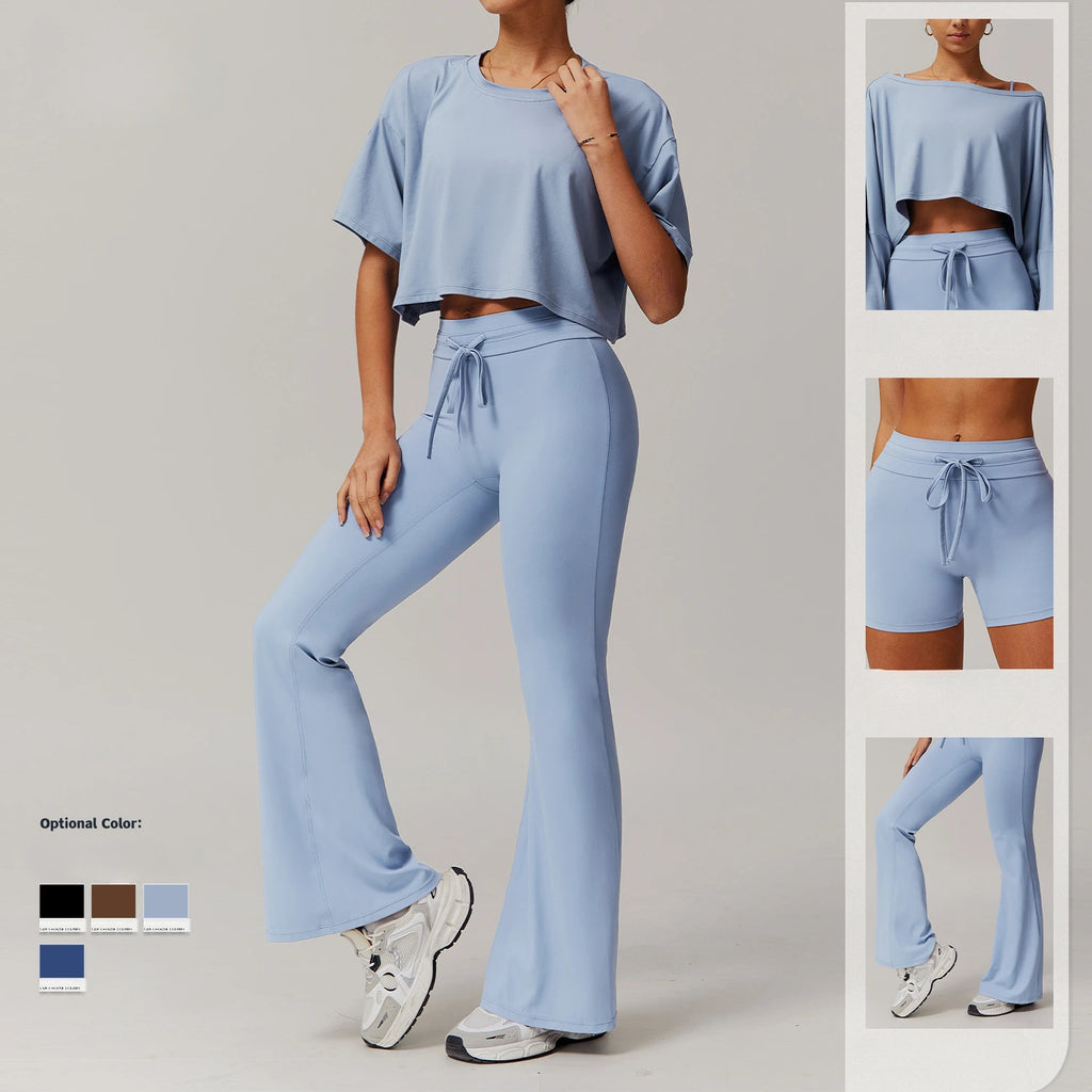 Seamless Yoga Sets Sports Fitness Casual Hip-lifting Flared Pants Bra Yoga Clothes Workout Gym Short-sleeved Tracksuit for Women