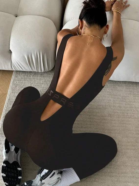 Yoga bodysuit, one-piece high-elastic fitness bodysuit, long pants, sleeveless, backless, seamless sportswear, running Pilates