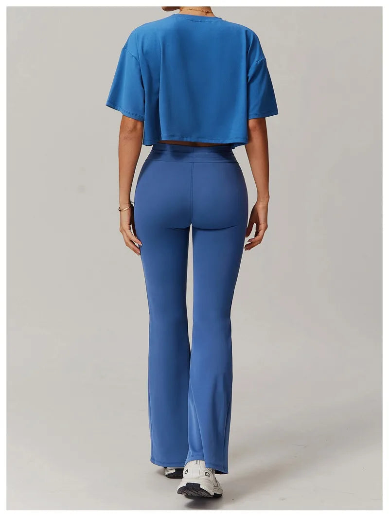Seamless Yoga Sets Sports Fitness Casual Hip-lifting Flared Pants Bra Yoga Clothes Workout Gym Short-sleeved Tracksuit for Women