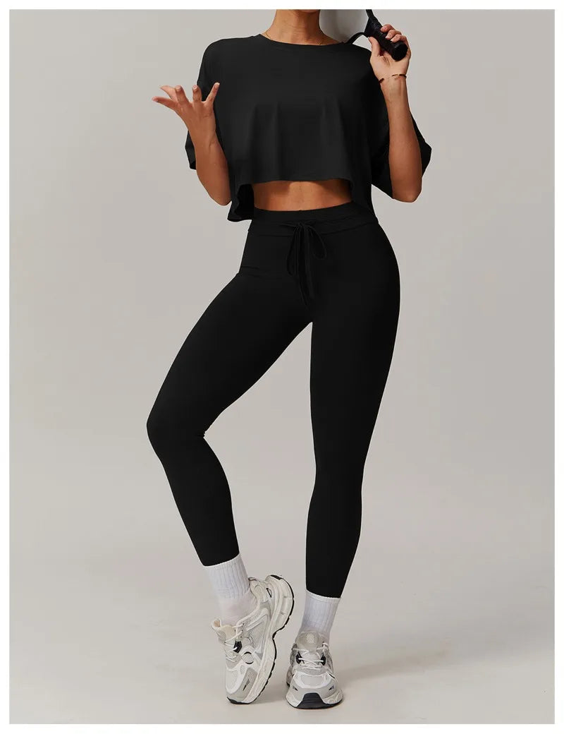 Seamless Yoga Sets Sports Fitness Casual Hip-lifting Flared Pants Bra Yoga Clothes Workout Gym Short-sleeved Tracksuit for Women