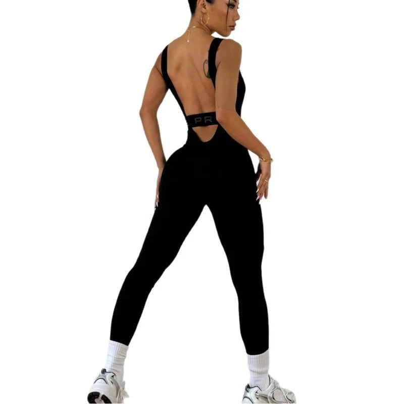Yoga bodysuit, one-piece high-elastic fitness bodysuit, long pants, sleeveless, backless, seamless sportswear, running Pilates