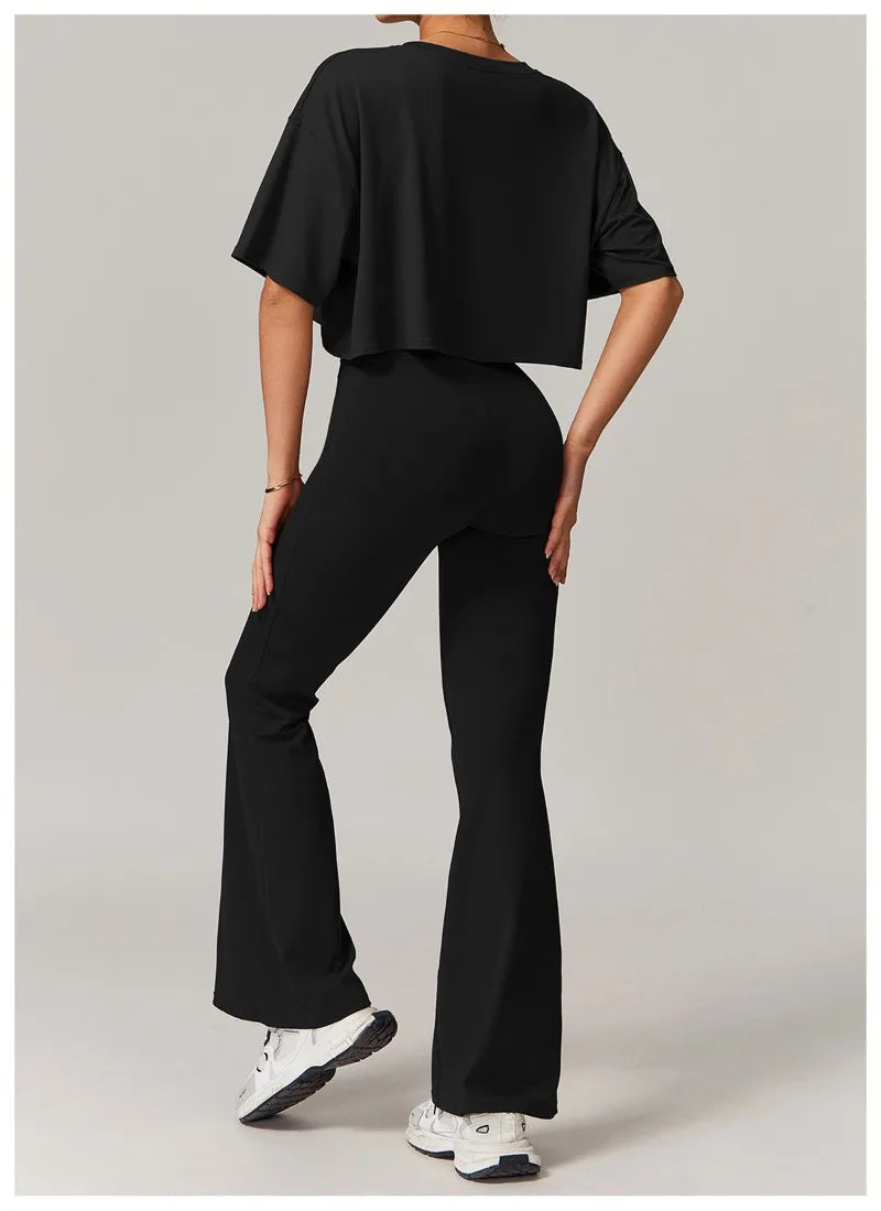 Seamless Yoga Sets Sports Fitness Casual Hip-lifting Flared Pants Bra Yoga Clothes Workout Gym Short-sleeved Tracksuit for Women