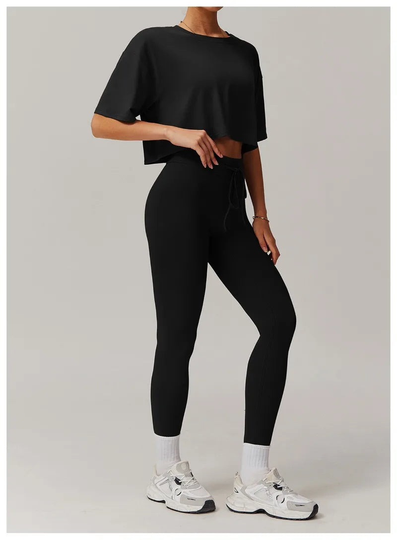 Seamless Yoga Sets Sports Fitness Casual Hip-lifting Flared Pants Bra Yoga Clothes Workout Gym Short-sleeved Tracksuit for Women