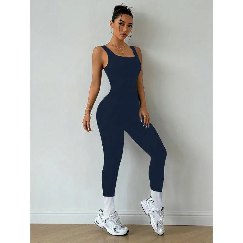 Yoga bodysuit, one-piece high-elastic fitness bodysuit, long pants, sleeveless, backless, seamless sportswear, running Pilates